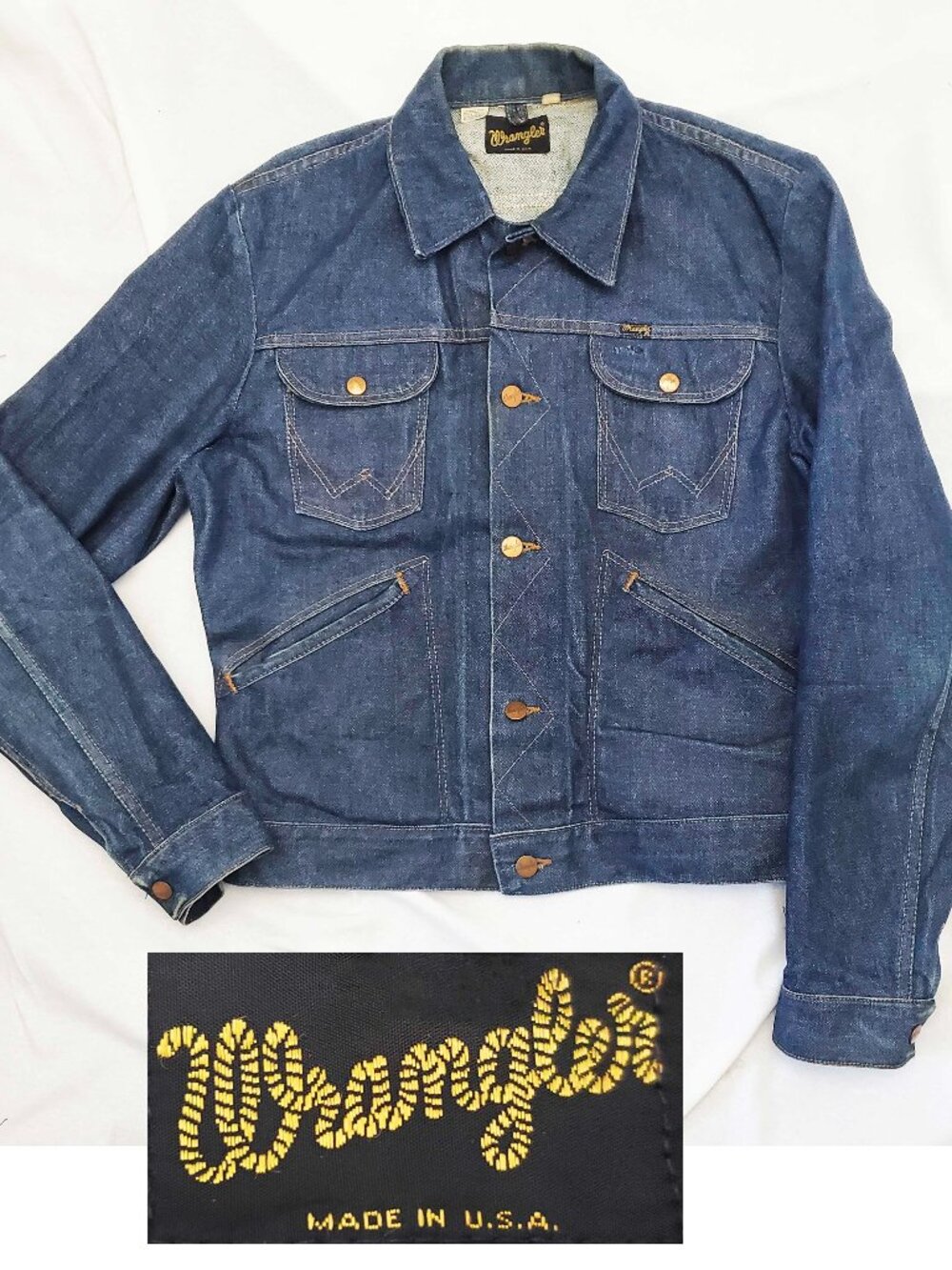 Vintage Wrangler Men's 70s Navy Blue Denim Trucker Jacket 40